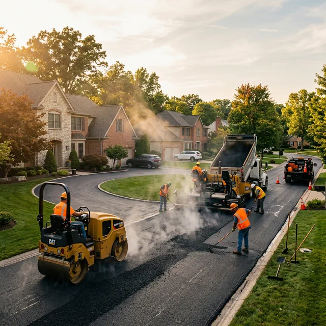Asphalt paving crew installing a residential roadway